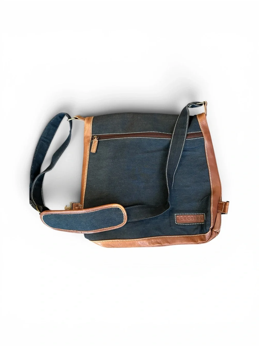 Kenneth Cole Reaction Navy and Brown Canvas  & Leather Messenger Bag